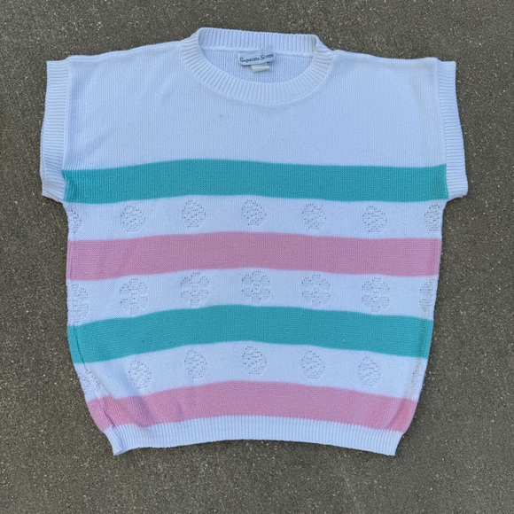 Vintage Striped Sweater white peach teal Coastal Grandma  medium Separate Scene - Picture 2 of 6